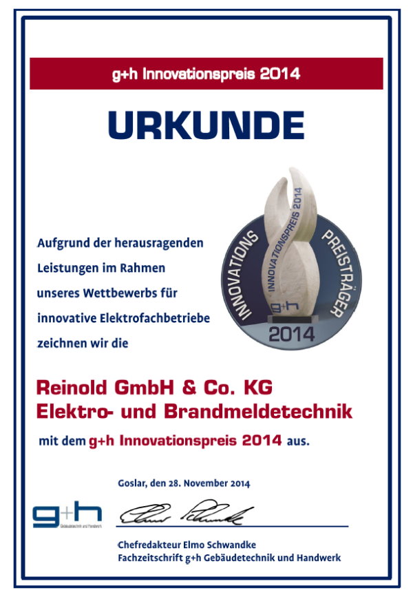 Urkunde g+h Innovationspreis 2014